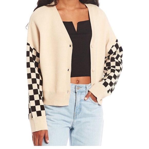 Smiley Face Knit Sweater with Checkered Sleeves - Picture 2 of 8